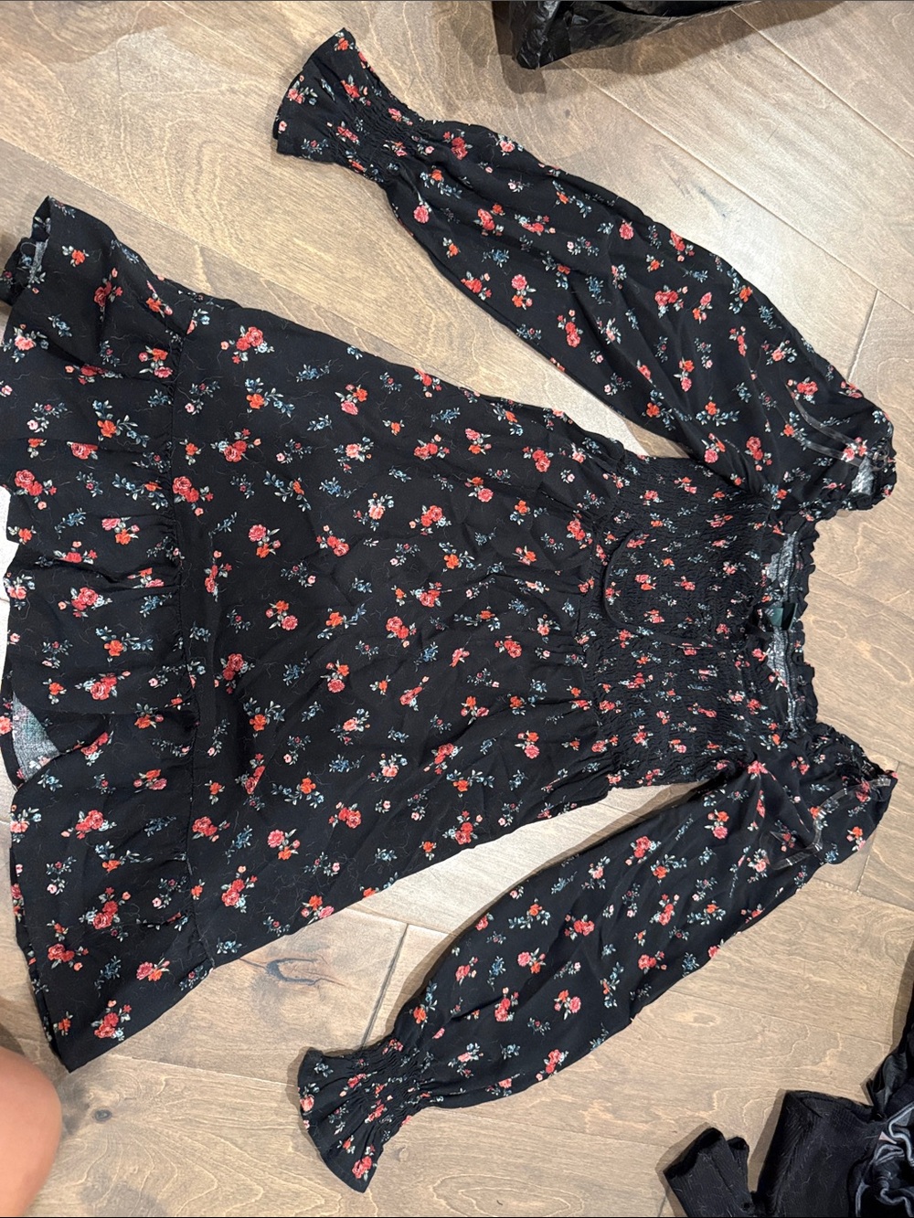 wild fable Black Mini Sun Dress with Red Floral Print/ off the shoulder look
